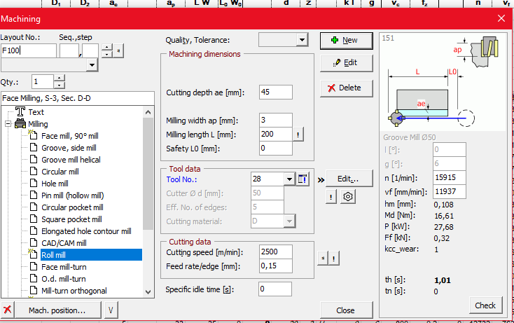 CutView machining step with cutting data